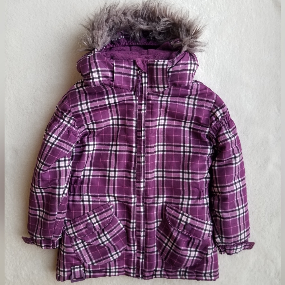 Plaid Purple Kids Snow Jacket with Faux Fur Trim